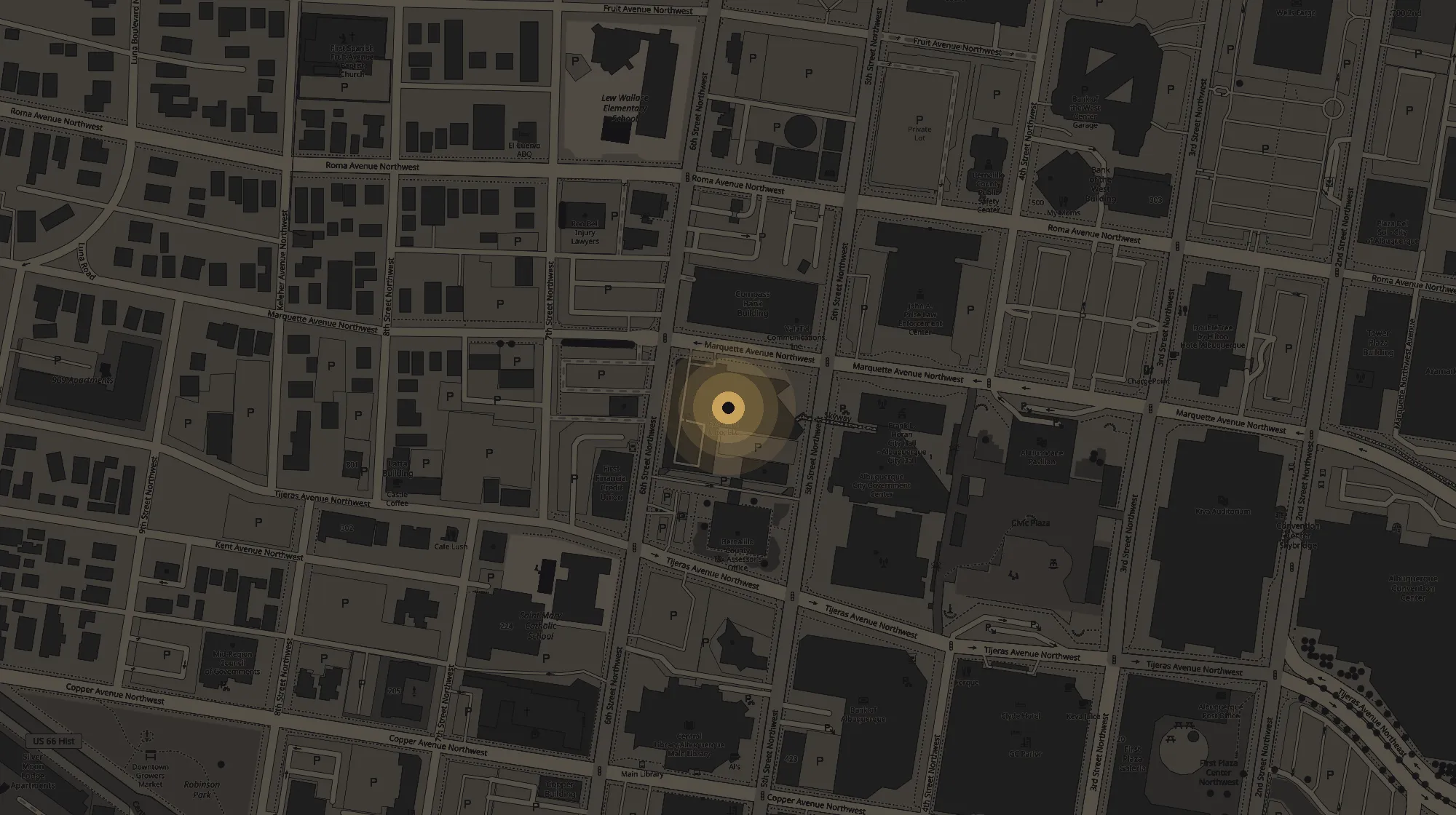 Map showing 500 Marquette Ave NW, Suite 1280 in downtown Albuquerque, on Marquette Avenue Northwest between 6th and 5th Street