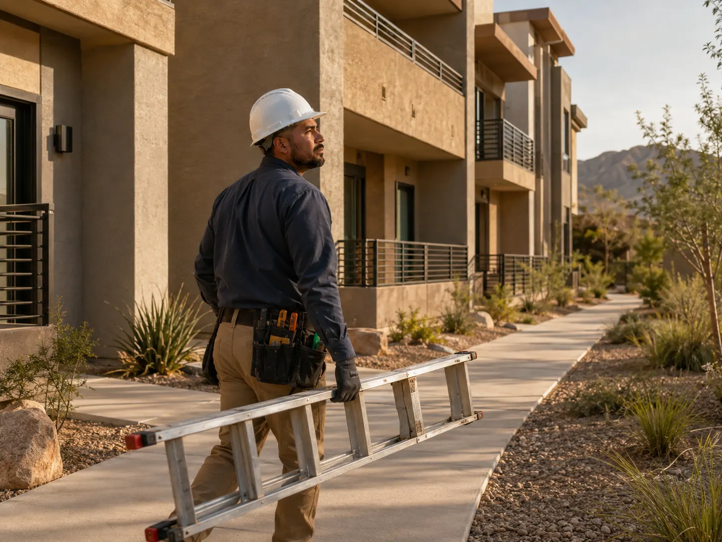 Technician carrying a ladder along the walkway of a desert-southwest apartment community