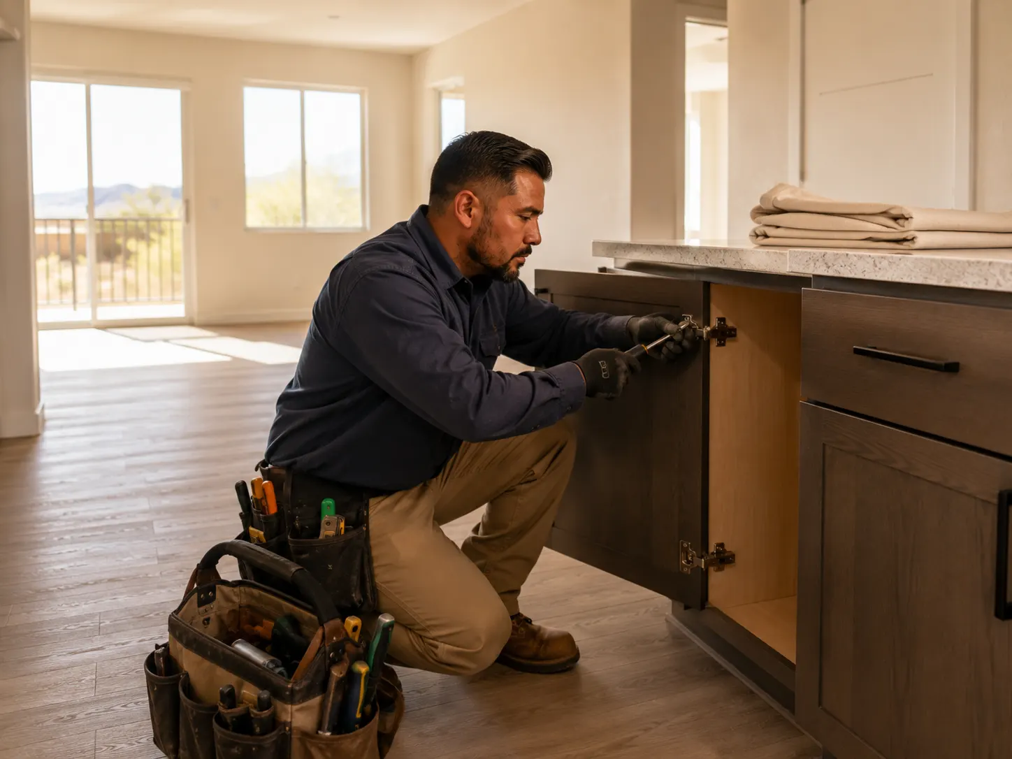 Technician adjusting cabinet hardware in a bright, empty apartment during a unit turnover