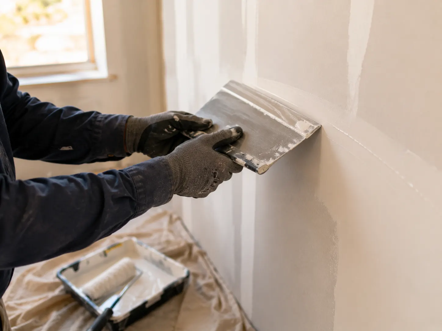 Gloved hands finishing a drywall patch with a taping knife