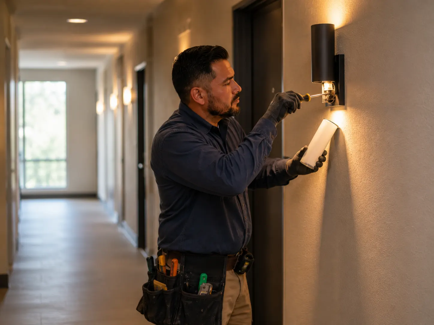 Technician repairing a wall light in an apartment corridor