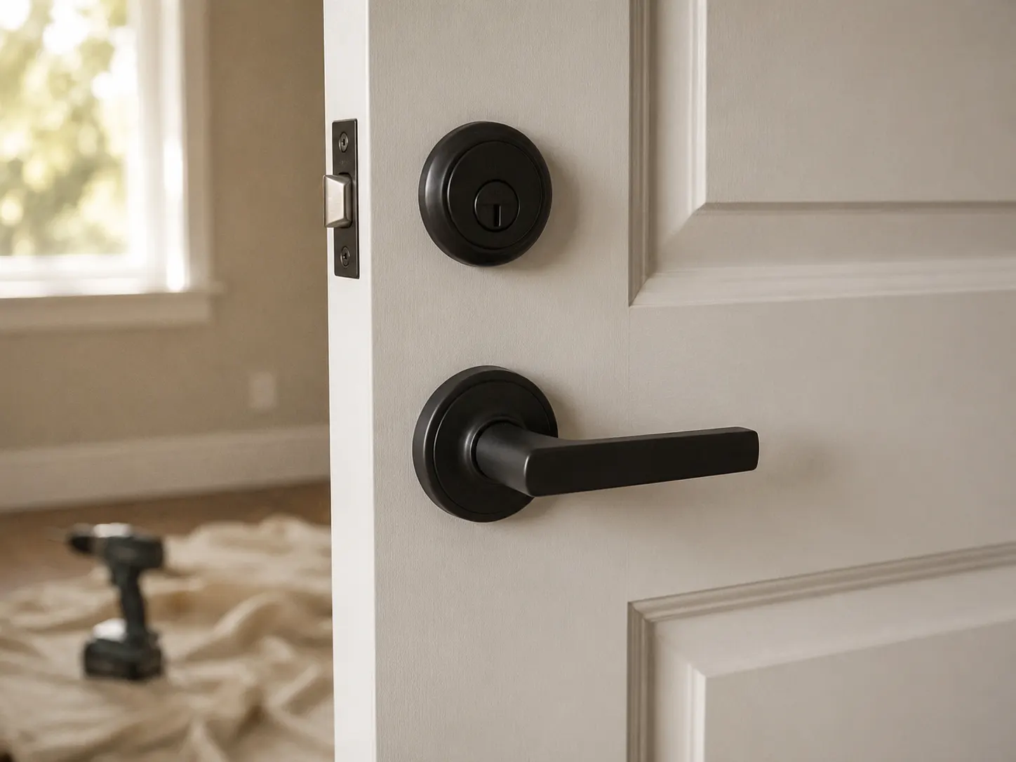 New matte-black lever handle and deadbolt on a freshly painted interior door