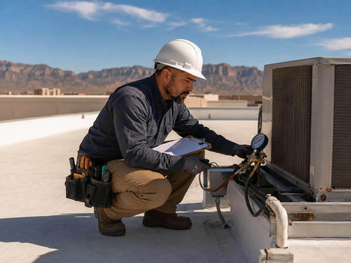 Technician checking a rooftop HVAC unit on a flat commercial roof